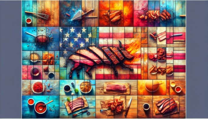 A vibrant collage of regional BBQ styles featuring hashtags on a rustic wooden background.