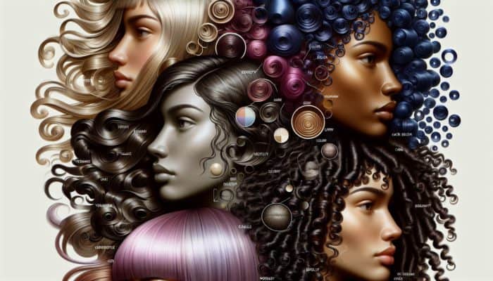 Illustration of hair types: straight, wavy, curly, coily, with labels on texture, density, porosity, and care needs.