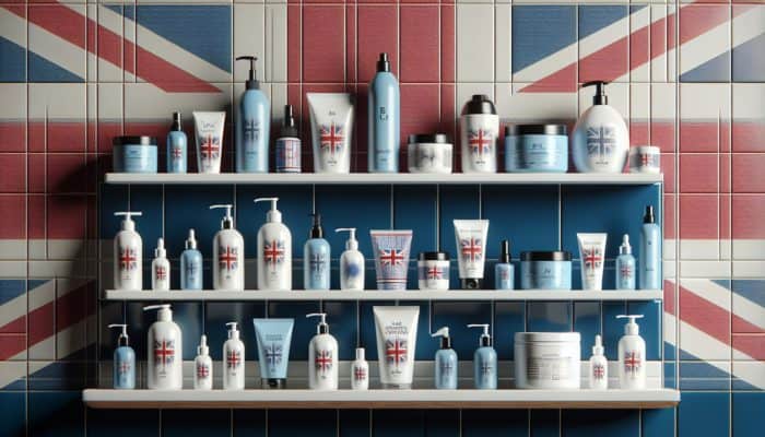 A selection of essential hair care products for various hair types on a shelf, with a UK flag in the background.