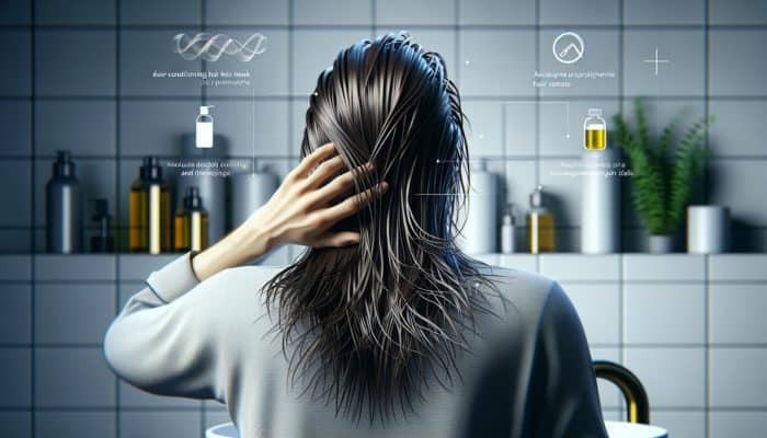 Individual applying a hair mask and oil in a modern bathroom, boosting hair's shine and health.