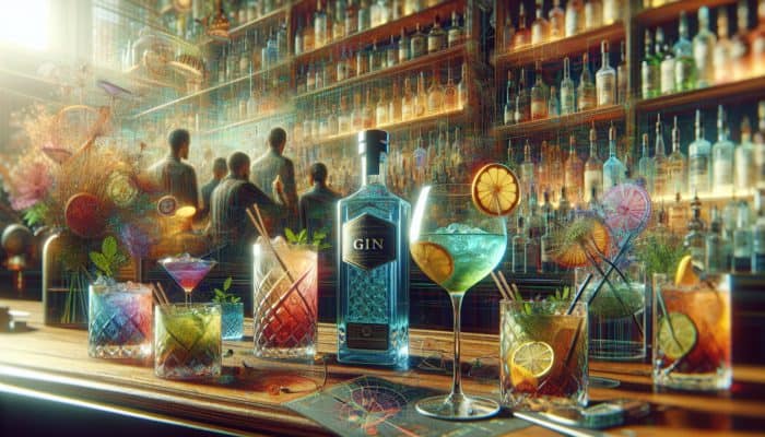 A vibrant bar scene with artisanal spirits, hand-crafted gin, and colorful, garnished cocktails.