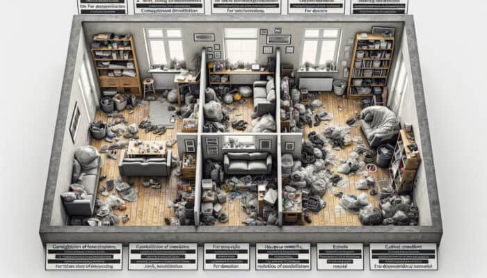 A cluttered UK flat being assessed, with items categorized for disposal, recycling, donation, or resale, and hazardous materials noted.