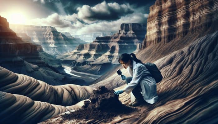 A geologist inspects moist soil and water-carved rocks near the Grand Canyon, indicating water sources.