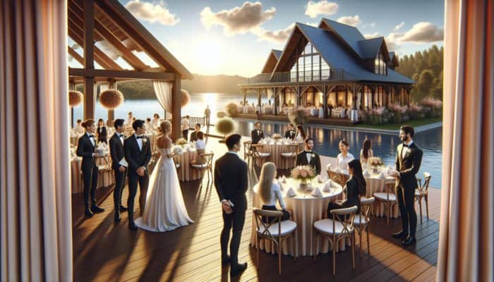 A romantic wedding at The Lake Club Benoni with a scenic lake backdrop and elegant decorations.