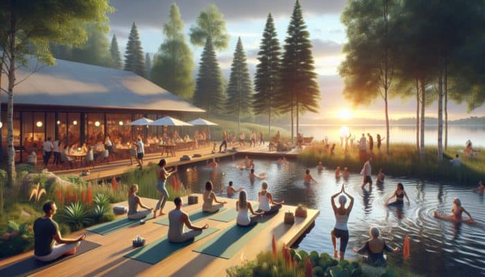 A lakeside club at dawn and dusk with yoga, social events, and staff assisting visitors.