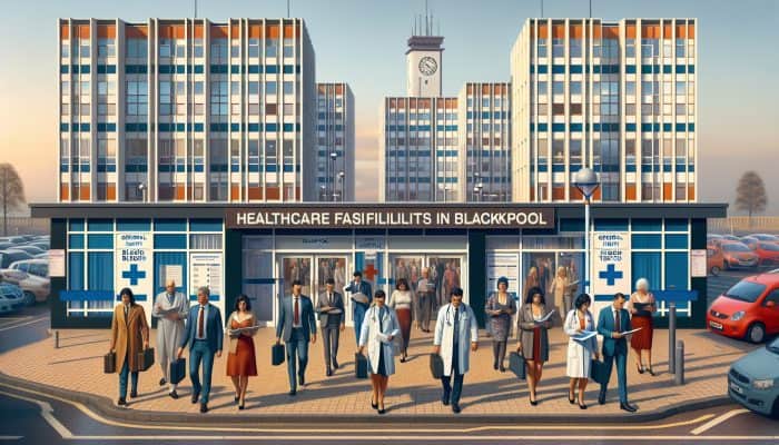 Diverse group entering healthcare facilities in Blackpool for reliable blood tests, showing urgency and care.