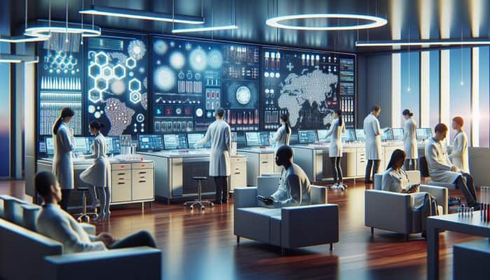 Modern hospital lab with advanced blood testing equipment and skilled technicians serving patients.