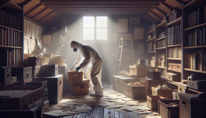 Individual in protective gear sorting through boxes and antiques in a dusty attic, sunlight streaming through a window.