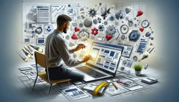 A beginner using a laptop with a drag-and-drop interface to create a vibrant landing page, surrounded by icons and templates.