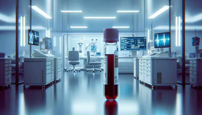 A modern lab in Newport analysing a blood vial for health markers like glucose and cholesterol.