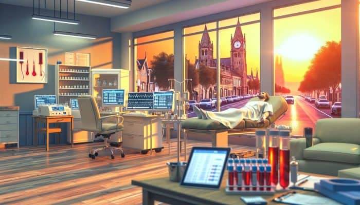 A patient in a serene Newport clinic, fasting overnight for a blood test to measure glucose and lipid levels accurately.