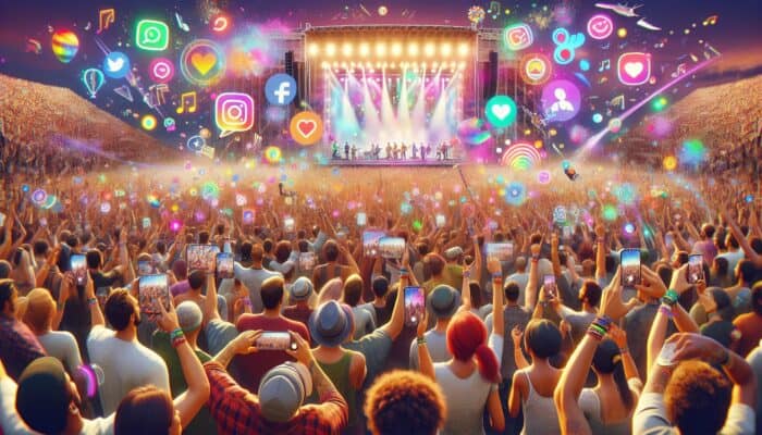 Attendees at a music festival utilising themed AR filters for vibrant, animated selfies, enhancing social media engagement.