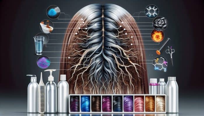 Damaged colour-treated hair strands exhibiting signs of brittleness and breakage, surrounded by dye bottles, heat tools, and UV/pollution symbols.