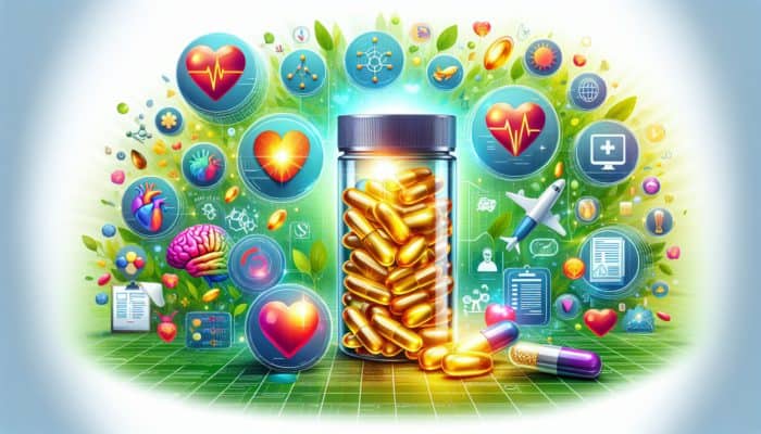 An illustration of omega-3 capsules accompanied by icons representing heart, brain, and anti-inflammatory benefits in a vibrant, healthy setting.