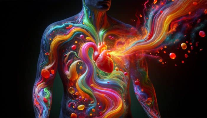 Vivid streams of omega-3s alleviating inflammation in the heart, joints, and pancreas within a human silhouette.