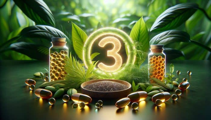 Chia seeds, hemp seeds, and algae oil capsules surrounding an omega-3 symbol on verdant leaves.