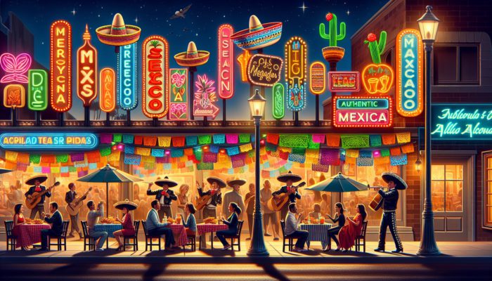 Colourful Las Vegas street at night with authentic Mexican restaurants, mariachi bands, and families enjoying tacos and margaritas.