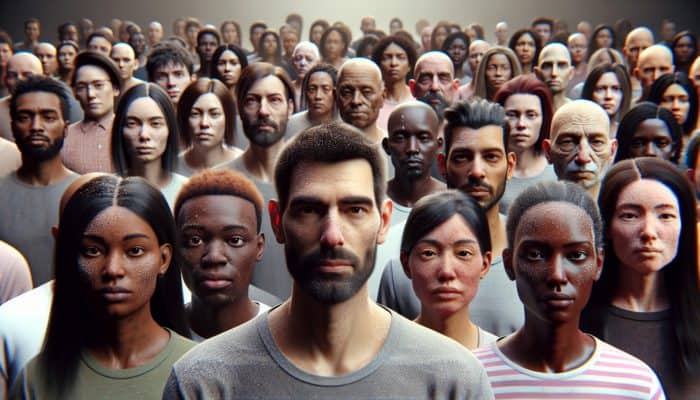 A diverse group demonstrating dandruff flakes on their scalps and clothes, illustrating global embarrassment.