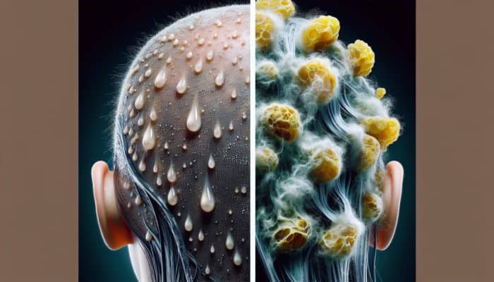 Illustration of two scalps: one dry with small white flakes treated with oil, the other oily with large yellowish flakes treated with antifungal shampoo.