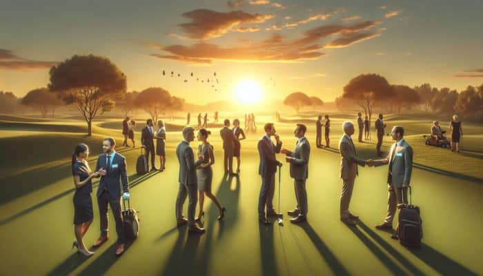 A picturesque golf course at sunset where business professionals network and exchange business cards.