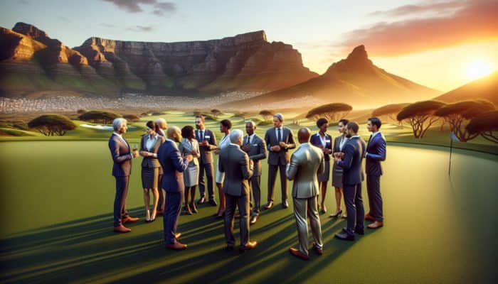 South African business leaders networking on a golf course with Table Mountain and sunset backdrop during a corporate tournament.