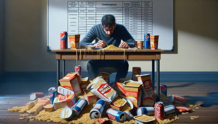 A fatigued UK worker surrounded by desk clutter of instant noodles, fast food, and energy drinks, struggling with nutrition due to long hours.