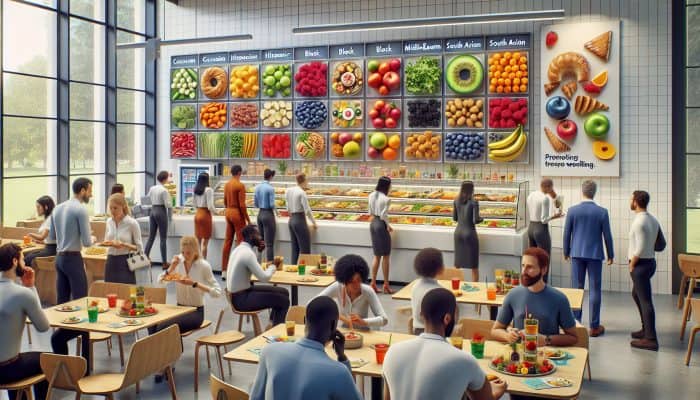 A bustling UK office cafeteria featuring a variety of food options including salads, fruits, and pastries, alongside wellness posters.
