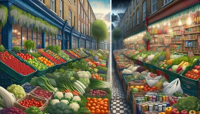 Affluent UK neighbourhoods with fresh produce markets versus food deserts featuring processed foods in lower socioeconomic areas.