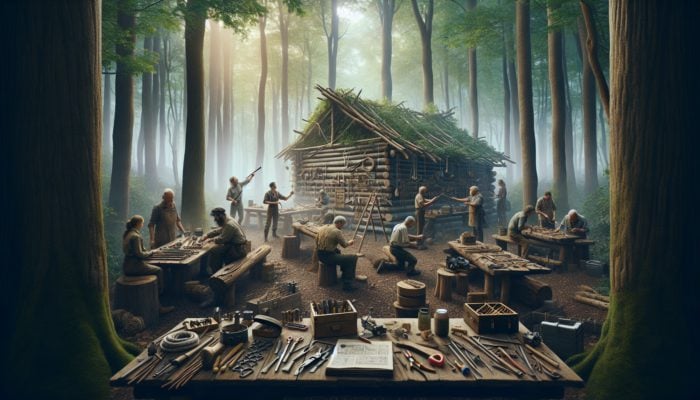 Experts showcasing DIY survival traps within a rustic forest workshop setting.