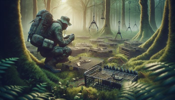 Individual in rugged attire inspecting and repairing animal traps in a misty forest to ensure humane operation.