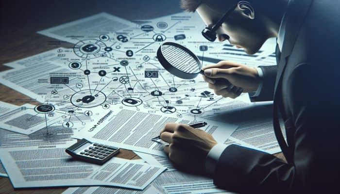 Individual examining a loan agreement with a magnifying glass, surrounded by documents and calculators, focusing on potential hidden fees.
