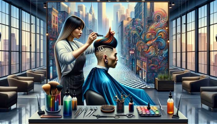 A hairstylist in a modern salon enhancing an undercut with striking colours and patterns.
