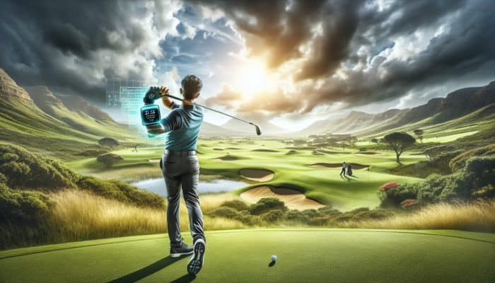How to Use Golf Performance Trackers: Golfer using high-tech tracker on South African course to analyse swing and trajectory.
