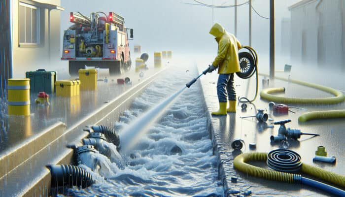 Drain Cleaning Services in Port Moody: A plumber in a yellow raincoat using high-pressure water jet to clear clogged drain in heavy rain in Port Moody.
