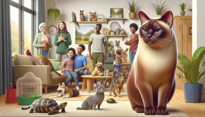 Burmese Cat Socialisation Tips: A confident Burmese cat interacting with diverse people and animals in a home-like setting.