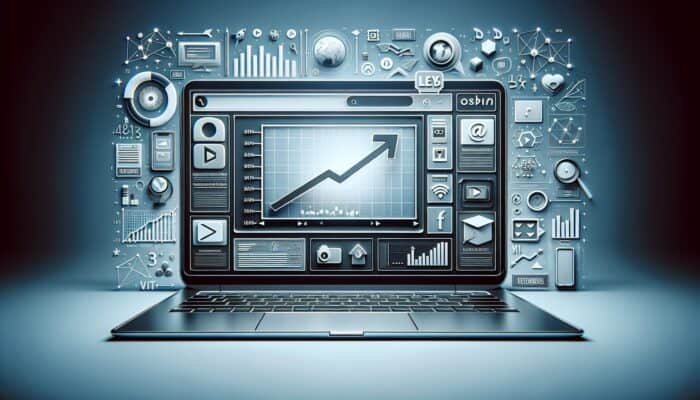 Laptop displaying a website with TikTok videos, showing graphs indicating improved SEO, engagement, and rankings.