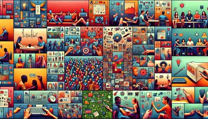 A vibrant collage of TikTok screens displaying various engaging content types including challenges, tutorials, and humorous clips.