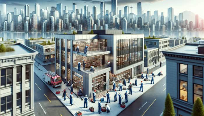 Skilled plumbers working on advanced systems within a modern commercial building in Vancouver, skyline visible in the background.
