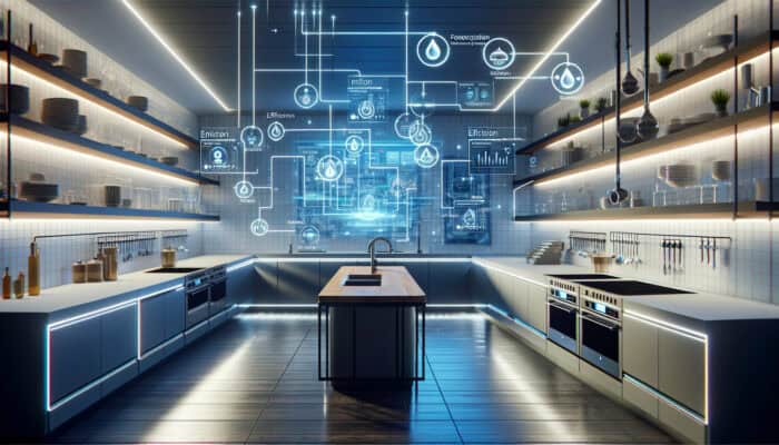 A contemporary commercial kitchen equipped with smart water monitoring systems displaying real-time data on a digital interface.
