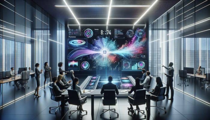 A diverse team in a modern office analysing product performance on a digital screen during a strategic meeting on brand cleansing.