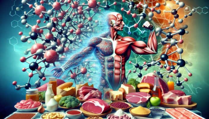 Illustration of glutamine molecules aiding muscle recovery and immune response, with glutamine-rich foods.