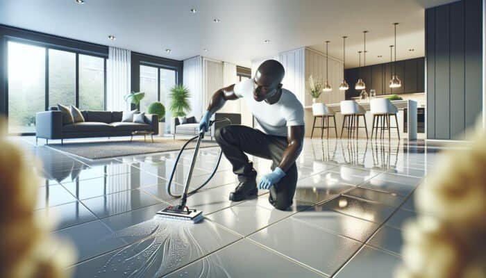 Professional cleaner revitalizing home's tiled floor, enhancing vibrancy and appeal.
