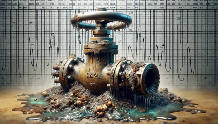 A corroded water valve exhibiting leaks, surrounded by sediment and temperature gauges.