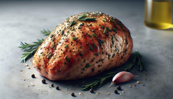 Turkey breast seasoned with rosemary, thyme, garlic, and black pepper, coated in olive oil and lemon juice.