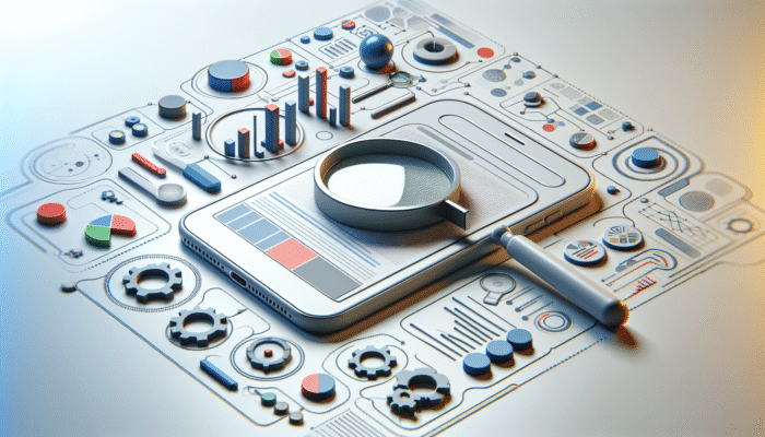 Smartphone displaying search results with optimised title tags, magnifying glasses, and graphs illustrating mobile search optimisation.