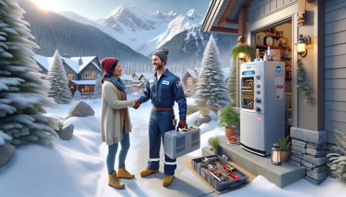 Local boiler technician in snowy Whistler, greeted by homeowner, symbolising community trust.