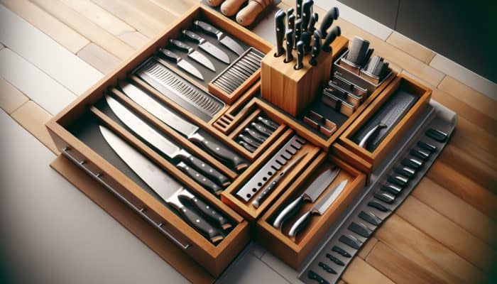Wooden knife block, magnetic strip, drawer insert, and sheaths for organized, protected kitchen knives.