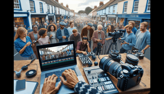 Local actors, videographers, and editors in Tiverton working on video production, capturing community spirit.