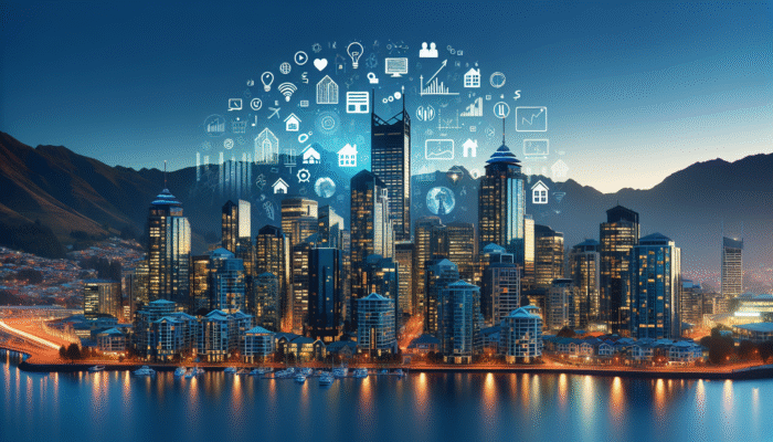 Queenstown skyline at dusk with modern buildings, luxury homes, and financial charts symbolising property investment.