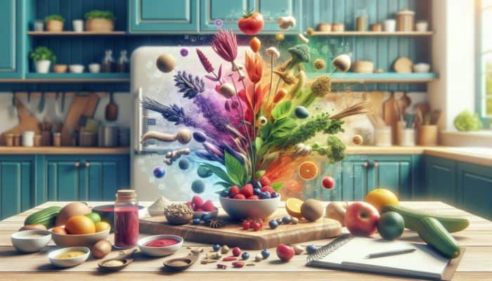 A kitchen scene with ashwagandha and ginseng in colourful meals and smoothies, promoting a healthy diet.